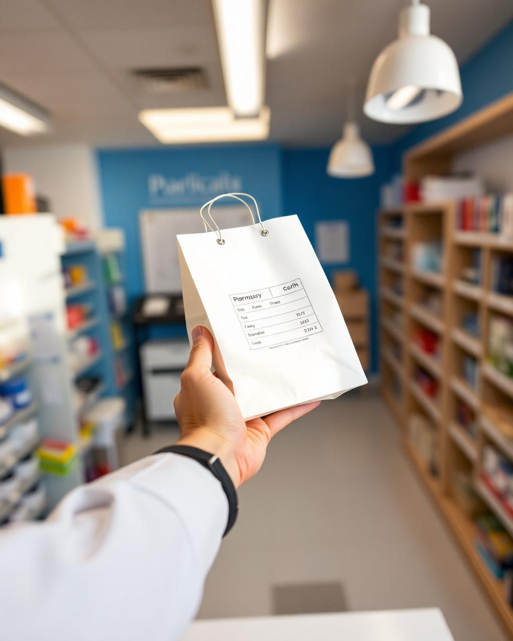 Pharmacist handing a labeled prescription bag across the counter at West Town Pharmacy